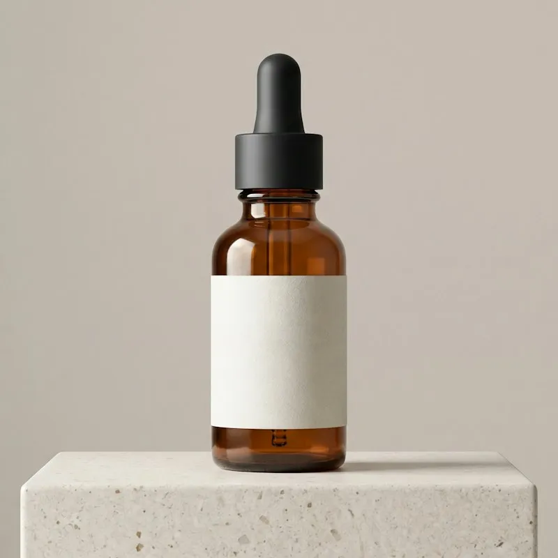 An amber dropper bottle on a stone block