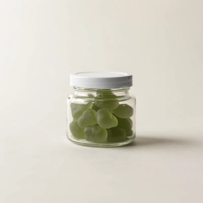 A glass jar of green gummies